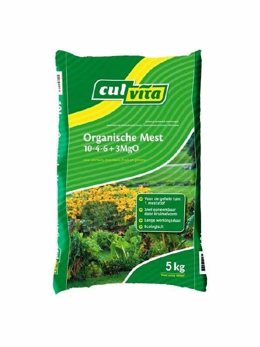 Zak 5 kg Culvita Organische Mest 10-4-6 + 3MgO   Dosering: 1kg tot 1,5 kg per 10 m²